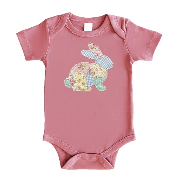 Ink Printed Image NOT a Quilt Patch - Easter Floral Bunny Faux Patchwork Baby Bodysuit Mauve Bodysuit 12 Months