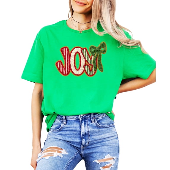 Ink Printed Image NOT a Yarn Patch Joy Holiday Shirt for Women, Teens & Kids Christmas Tee Vintage Green shirt Adult X-Large