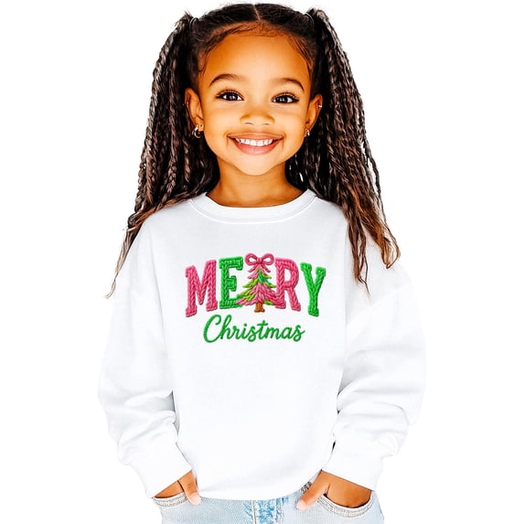 Ink Printed Image NOT a Yarn Patch - Merry Christmas Faux Yarn Sweatshirt Matching Holiday Sweater White Sweatshirt Youth XS