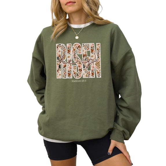 Ink-Printed Pearls He Is Risen Christian Sweatshirt for Women - Floral Easter Pullover Army Green Sweatshirt Adult Medium
