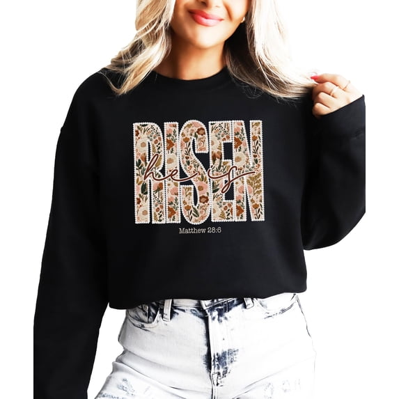 Ink-Printed Pearls He Is Risen Christian Sweatshirt for Women - Floral Easter Pullover Black Sweatshirt Adult Small