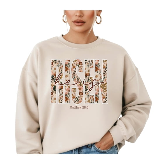 Ink-Printed Pearls He Is Risen Christian Sweatshirt for Women - Floral Easter Pullover Sand Sweatshirt Adult X-Large