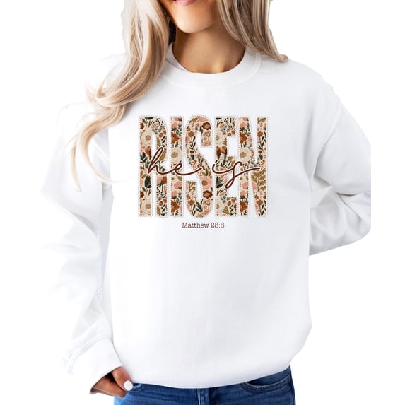 Ink-Printed Pearls He Is Risen Christian Sweatshirt for Women - Floral Easter Pullover White Sweatshirt Adult Large