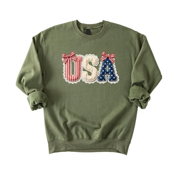 Ink-Printed USA Coquette Bow Sweatshirt for Women Girls Kids July 4th Family Matching Army Green Sweatshirt Adult X-Large