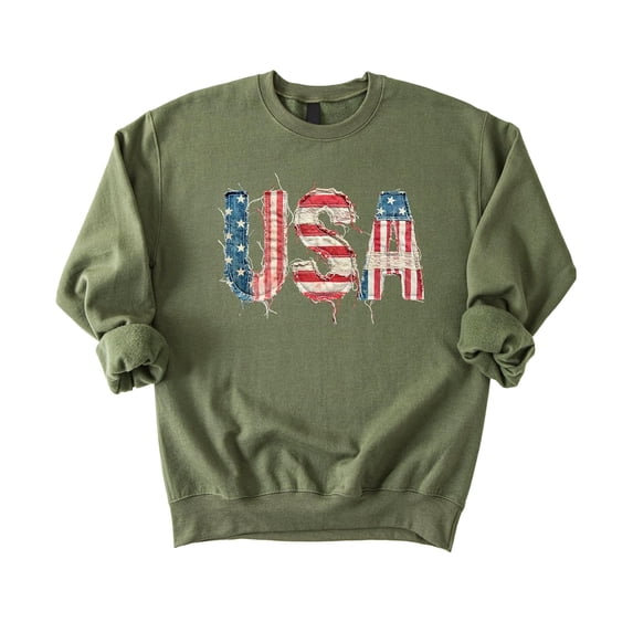 Ink-Printed USA Distressed Flag Sweatshirt for Women Kids July 4th Family Matching Crewneck Army Green Sweatshirt Adult Med