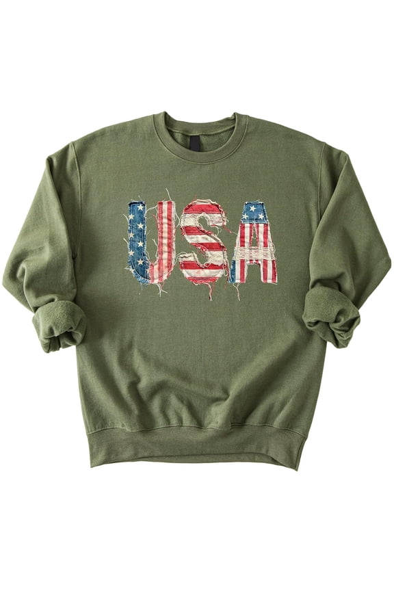 Ink-Printed USA Distressed Flag Sweatshirt for Women Kids July 4th Family Matching Crewneck Army Green Sweatshirt Adult Small