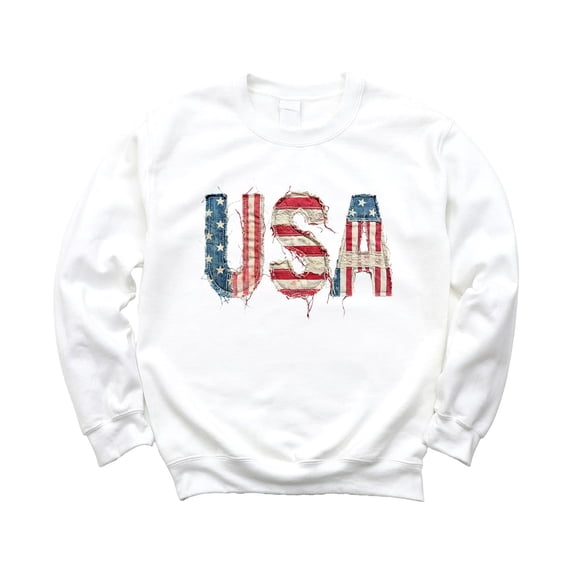 Ink-Printed USA Distressed Flag Sweatshirt for Women Kids July 4th Family Matching Crewneck White Sweatshirt Youth Large