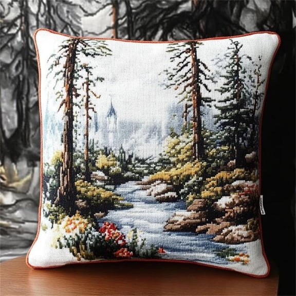 Ink Style Cross Stitch Pillow Kits for Adults,Forest Flower Landscape DIY Cushion Embroidery Kit Needlepoint Handmade Needlework Cushion Kit 17x17in