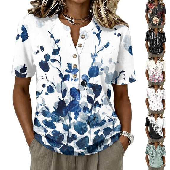 Ink Wash Floral Henley Blouse for Women - Short Sleeve V-Neck Button Down Tunic, Loose Fit Boho Casual Summer Top Green XXL