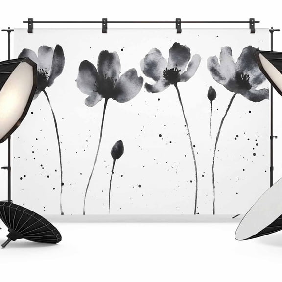 Ink Wash Lotus Backdrops for Photography, Minimalist Classic Oriental Floral Black Flower Fabric Photo Background Sturdy Studio Props for Photo Studio, Video Recording, Booth & Photoshoot 10x8ft