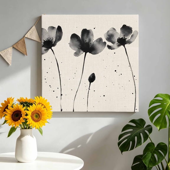 Ink Wash Lotus Canvas Wall Art for Living Room, Minimalist Classic Oriental Floral Black Beige Flower Wall Decor Framed Artwork Pictures Ready to Hang for Bedroom Office Home Decor 12x12 Inch