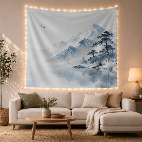 Ink Wash Mountain Lake with Flying Birds, Calming Japanese Inspired Art for Nature Lovers, Scenic Landscape Wall Decor, Housewarming Gift, Tapestry Wall Hanging for Bedroom and Living Room