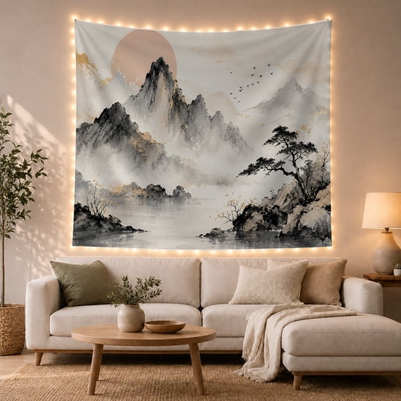 Ink Wash Mountain Peaks with Flying Birds in Mist, Serene Japanese Inspired Wall Art for Art Lovers, Asian Landscape Decor Housewarming Gift, Tapestry Wall Hanging for Living Room and Bedroom