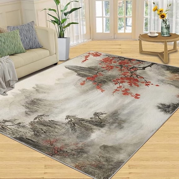 Ink and Wash Painting Rug, Rugs for Bathroom, Landscapes Rug - Home Decor, Plum Blossoms Area Rug, Mountains Rugs for Bedroom, Classical Artistic Carpet, Fashion Mat 2 x 3ft