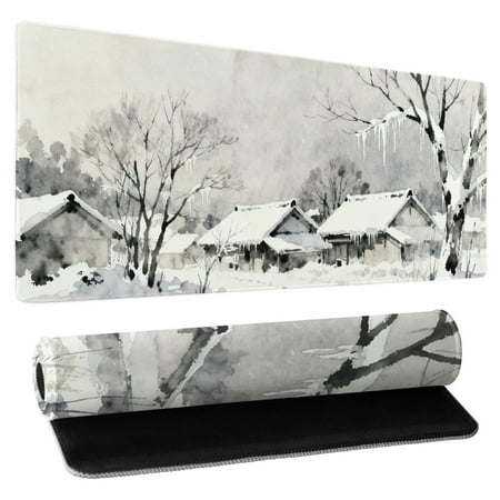 Ink Wash Painting Style Village Snow Scenery Extended Mouse Pad Anime Gaming Keyboard Mat Non-Slip Rubber Base Waterproof Surface Large Mouse Pad for Desk 31.5x11.8 inch