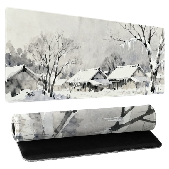 Ink Wash Painting Style Village Snow Scenery Extended Mouse Pad Anime Gaming Keyboard Mat Non-Slip Rubber Base Waterproof Surface Large Mouse Pad for Desk 31.5x11.8 inch