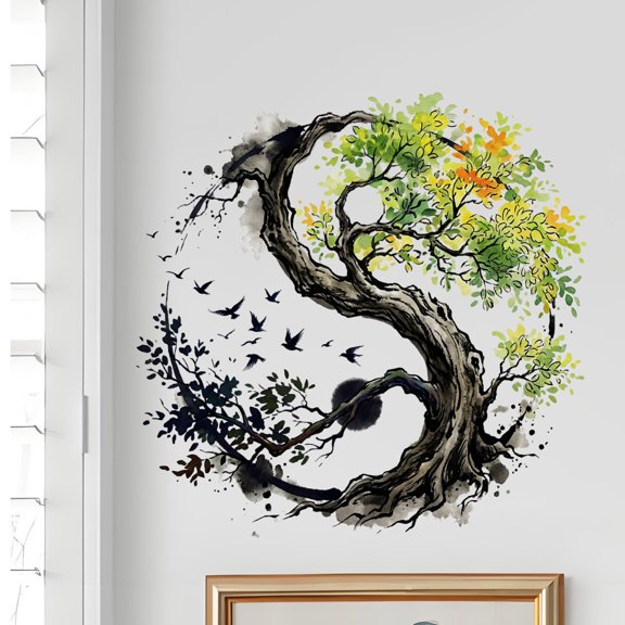 Ink Wash Style Yin Yang Tree Leaves Living Room Decal