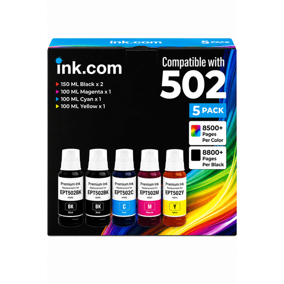 Ink .com Compatible 502 High Capacity Ink Refill 5 Pack Compatible with Epson for ET-2850 3830 3850 Printers