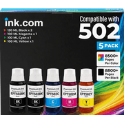 Ink .com Compatible 502 High Capacity Ink Refill 5 Pack Compatible with Epson for ET-2850 3830 3850 Printers
