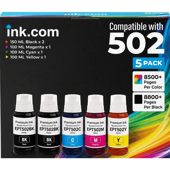 Ink .com Compatible 502 High Capacity Ink Refill 5 Pack Compatible with Epson for ET-2850 3830 3850 Printers