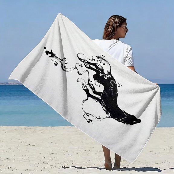 Ink style abstract pattern soft beach towel, smart and elegant ink rhyme printing pattern, microfiber bath towel, fast drying, super absorbent, suitable for seaside vacation