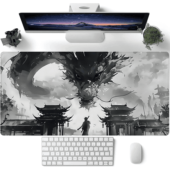 Ink - wash Dragon & Ancient Architecture Mouse Pad - Durable Non - slip Desk Mat, Extra - Large Soft & Comfortable Mouse Pad - Ergonomic Stitched Desk Mat Ideal for Esports & Office Use