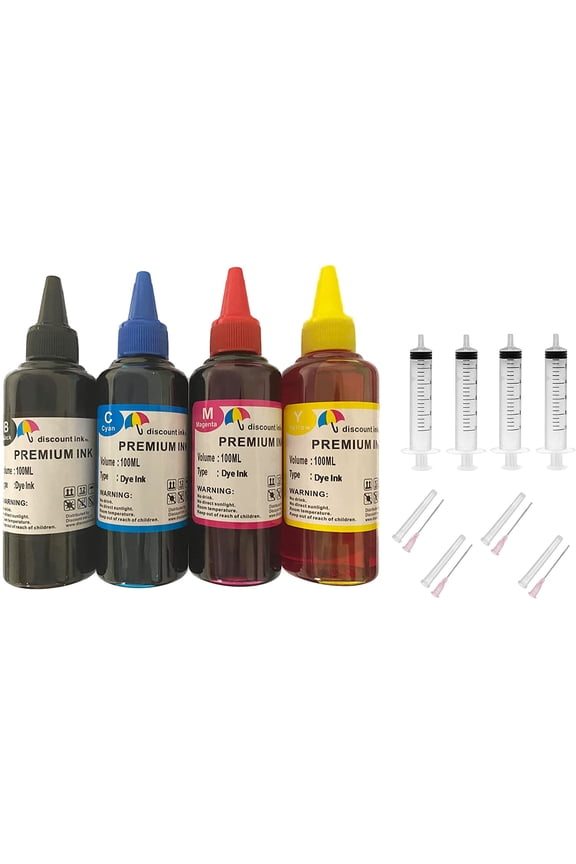 Ink Printer Cartridge with syringes/needles, for Canon, Black/Tri- Color, 4 Pack