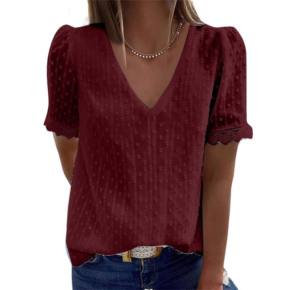 Inkach Fashion Women Casual Solid Short Sleeve V-Neck Lace T-Shirt Blouse Tops