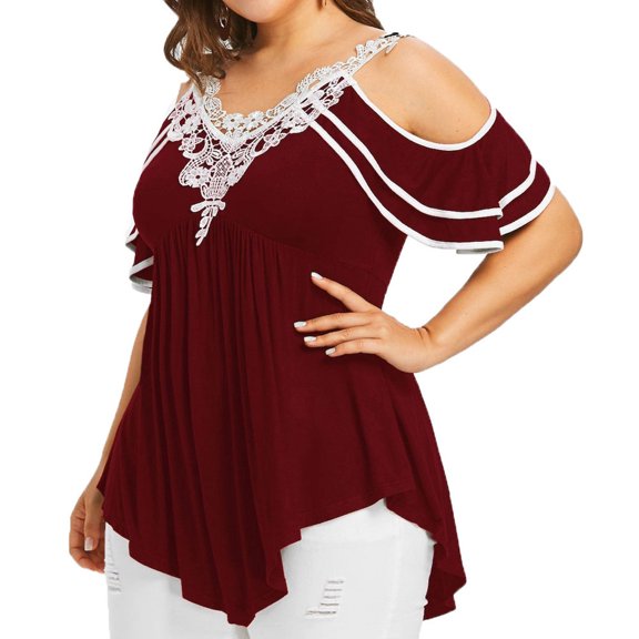Inkach Fashion Women Plus Size Tiered Lace Appliques Cold Shoulder V-Neck T-Shirt Tops