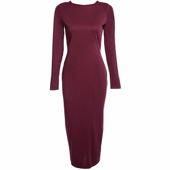 Inkach Fashion Women Solid Long Sleeve Back Zipper Tight Vintage Long Dress L