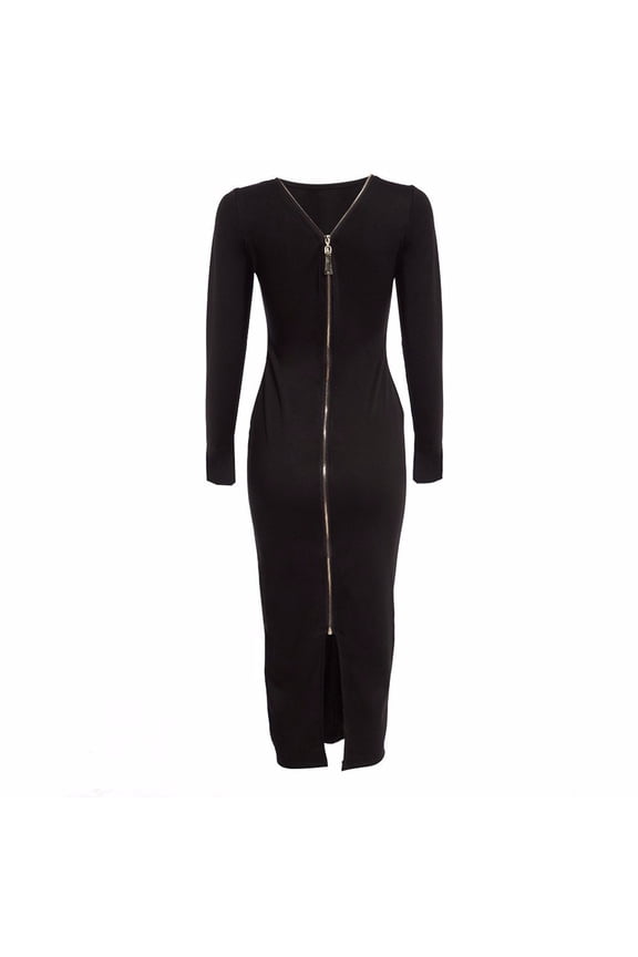 Women Solid Long Sleeve Back Zipper Tight Vintage Long Dress M