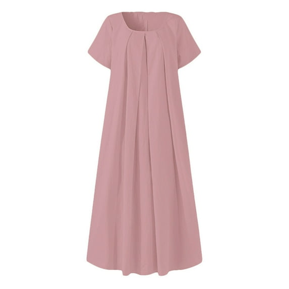 Inkach Ladies Casual Solid Color O-Neck Pleated Big Swing Short-Sleeve Dress