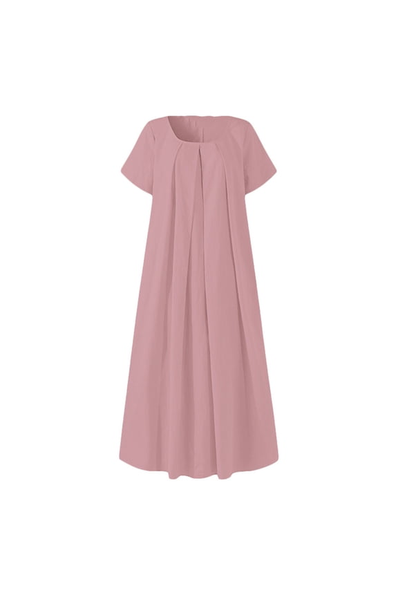 Ladies Casual Solid Color O-Neck Pleated Big Swing Short-Sleeve Dress