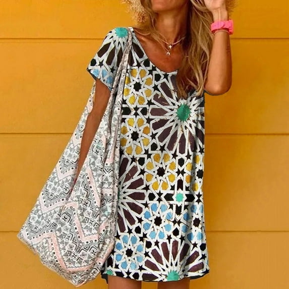 Inkach Ladies O-Neck Casual Print Plaid Short-Sleeve Casual Mid-Length Dress