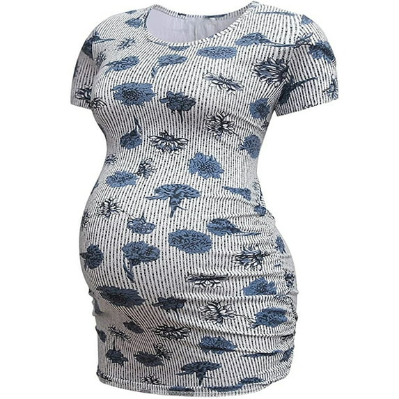 Inkach Maternity Stripe Lattice Print O-Neck Short Sleeve Casual T-Shirt Pregnant Tops L
