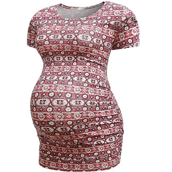 Inkach Maternity Stripe Lattice Print O-Neck Short Sleeve Casual T-Shirt Pregnant Tops M