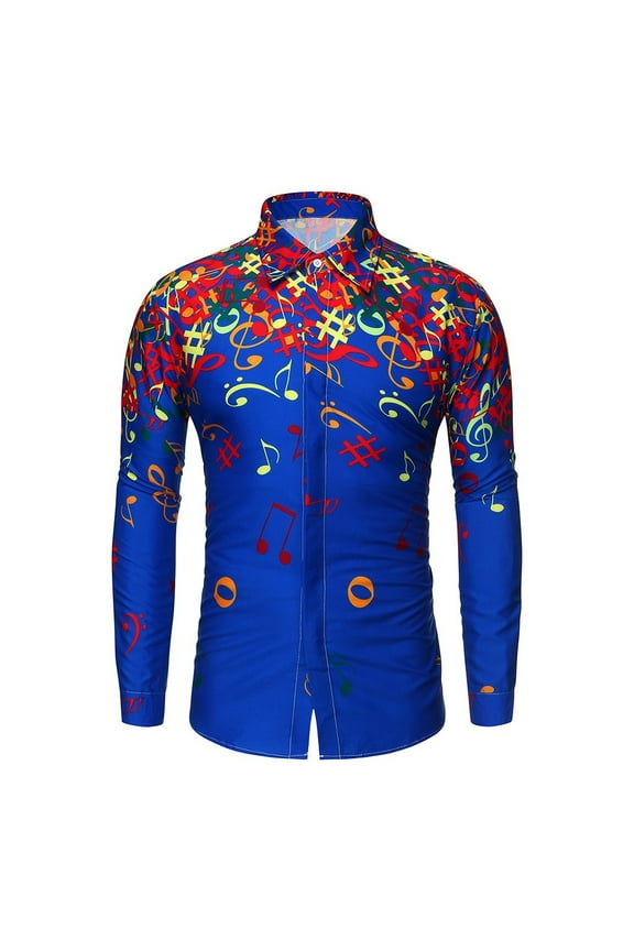 Men Casual Novelty Musical Note Pattern Casual Long Sleeves Shirt Top Blouse