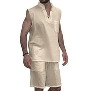 Inkach Men'S Sleeveless Vest Solid Cotton Linen Top And Cotton Linen Shorts Set