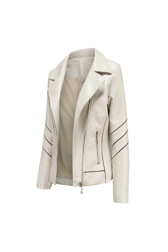 New Women'S Slim Leather Stand-Up Collar Zipper Stitching Solid Color Jacket XL