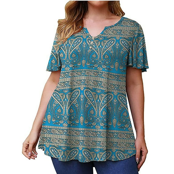 Inkach Plus Size Women Clothing Print T-Shirt Button Short Sleeve V-Neck Tops