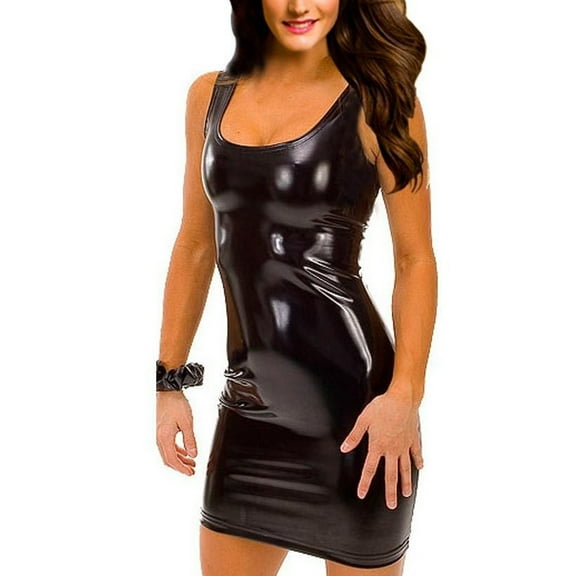 Inkach Punk Women O-Neck Bag Hip Sleeveless Leather Sheath Dress Nightdress Cosplay