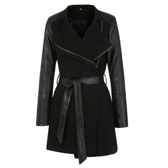 Inkach Winter Warm Women Zipper Leather Patchwork Long Jacket Coat