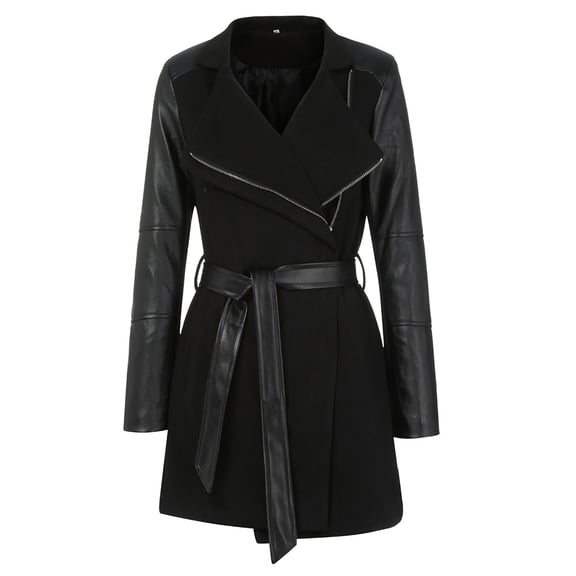 Inkach Winter Warm Women Zipper Leather Patchwork Long Jacket Coat