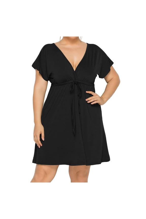 Women Fashion Solid Color Sleeveless Deep V-Neck Elastic Waist Dress Plus Size