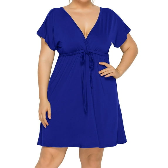 Inkach Women Fashion Solid Color Sleeveless Deep V-Neck Elastic Waist Dress Plus Size