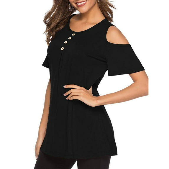 Inkach Women O-Neck Short Sleeve Solid Color Strappy Cold Shoulder T-Shirt Tops Blouses