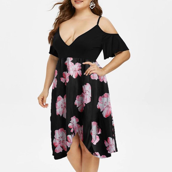 Inkach Women Plus Size V-Neck Floral Print Short Sleeve Boho Dress Party Dress