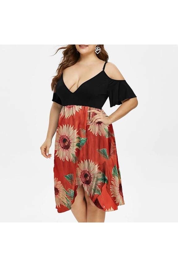 Women Plus Size V-Neck Floral Print Short Sleeve Boho Dress Party Dress