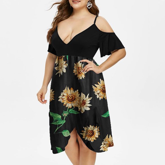 Inkach Women Plus Size V-Neck Floral Print Short Sleeve Boho Dress Party Dress