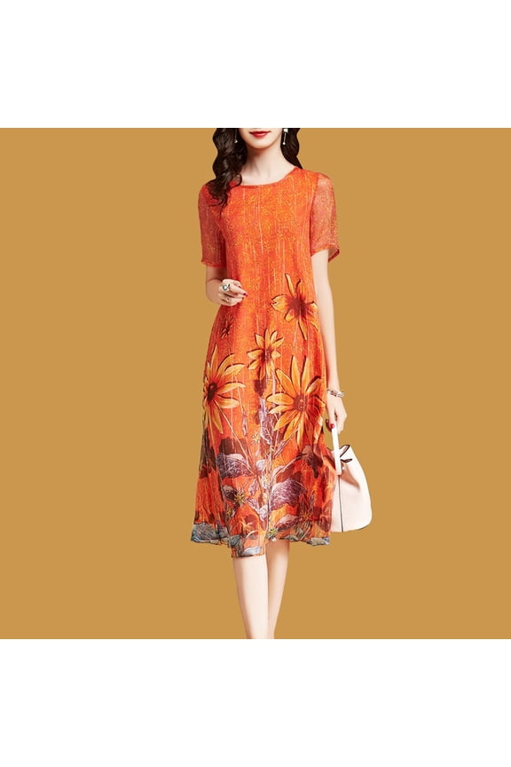 Women Print Short Sleeve Loose Knee Length Dress